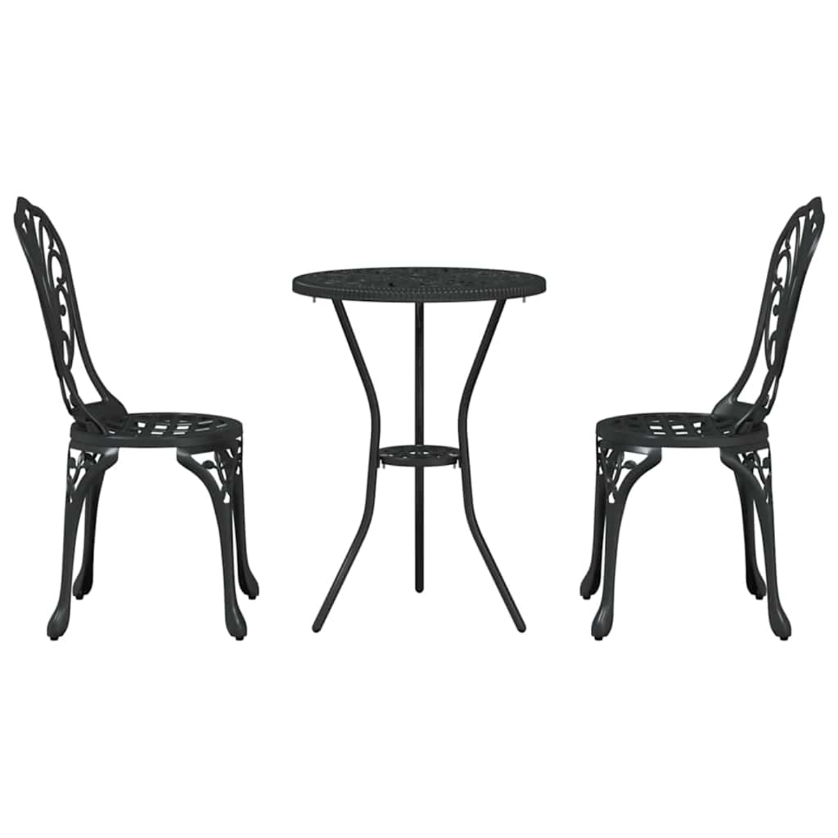 Un juego de bistró negro para exteriores con dos sillas y una mesa redonda. Las sillas y la mesa tienen patrones decorativos.