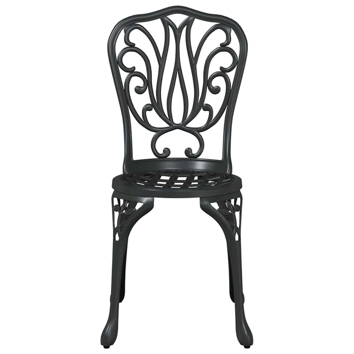 Una silla de metal negro con un diseño ornamental en el respaldo y el asiento. La silla tiene patas curvas y está sobre fondo blanco.