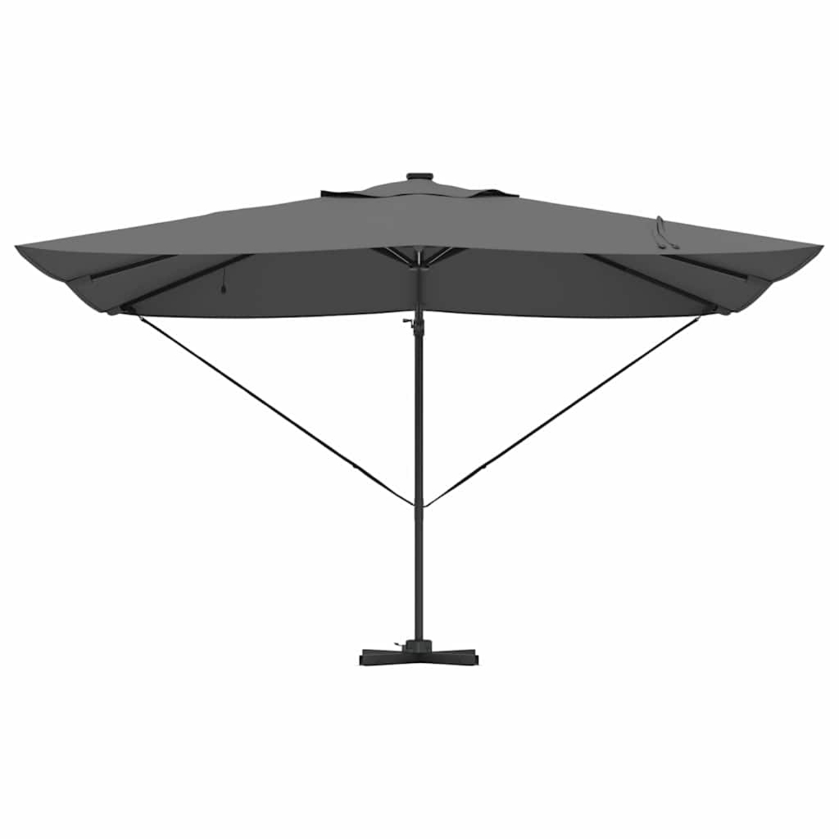 Ein grauer, quadratischer Sonnenschirm steht im Mittelpunkt vor einem weißen Hintergrund. Der Schirm ist geöffnet, mit schwarzem Mast und Stützstreben.