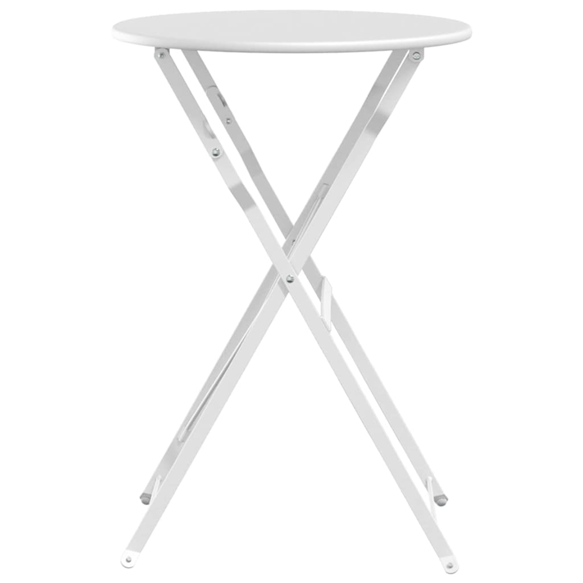 Ein weißer, runder, klappbarer Tisch. Die Tischplatte ist kreisförmig. Die Beine sind weiß und kreuzen sich. Der Hintergrund ist weiß.
