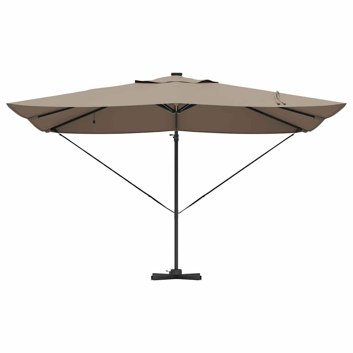 Un grande ombrellone da patio beige con struttura in metallo nero. È aperto e ha una copertura quadrata, su sfondo bianco.