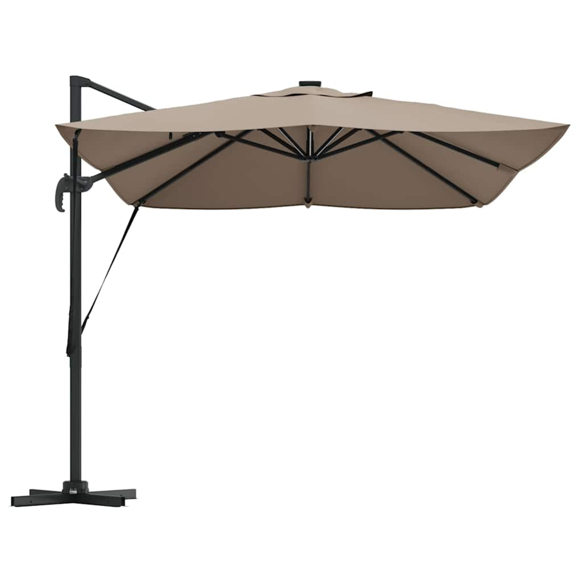 Un ombrellone a sbalzo beige, con telaio e base neri, su sfondo bianco.
