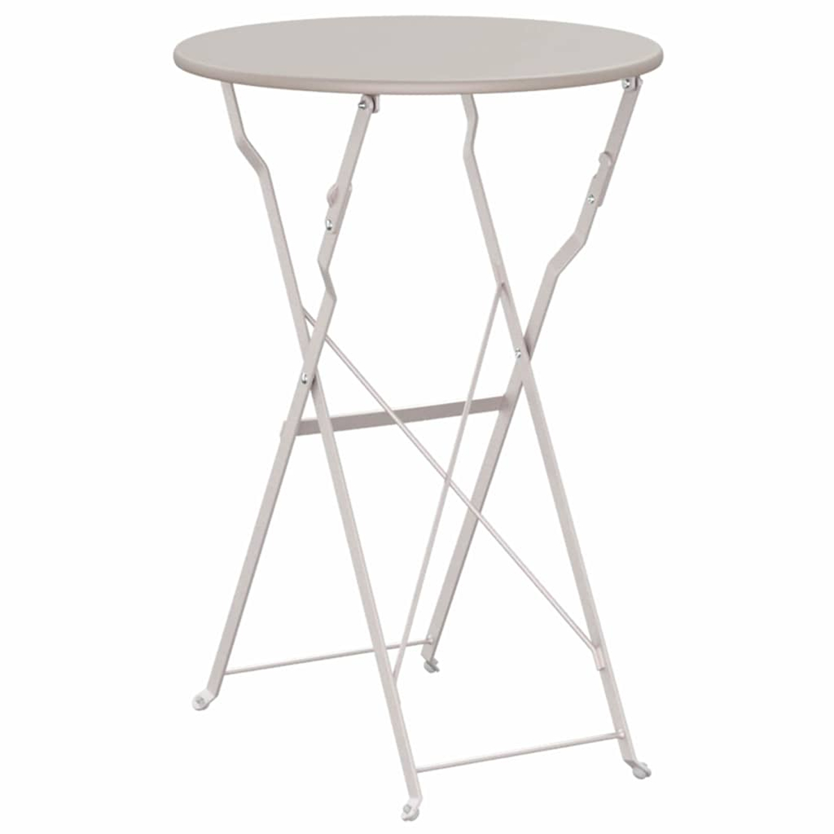 Ein runder, hellbeige Bistro-Tisch mit einem klappbaren Metallrahmen. Die Beine sind gekreuzt und der Tisch steht auf weißem Hintergrund.