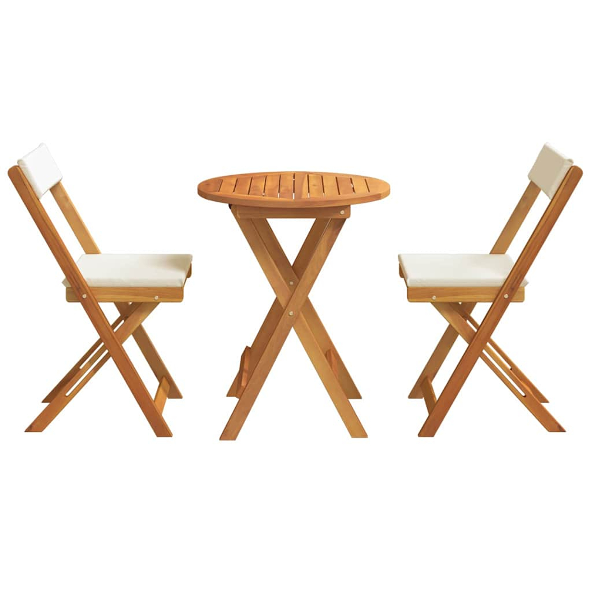 Un juego de bistró de madera. Incluye una mesa redonda pequeña y dos sillas plegables con cojines blancos, todo sobre un fondo blanco.