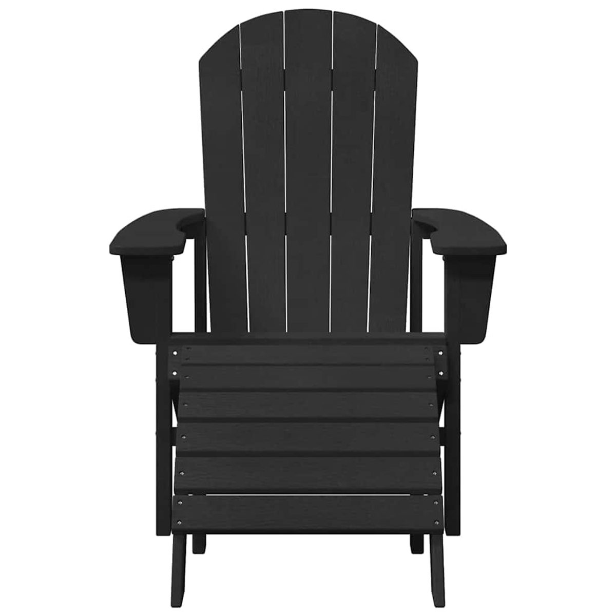 Ein schwarzer Adirondack-Stuhl ist zentriert, mit hohem Rücken, Armlehnen und einer Sitzfläche mit Lamellen. Der Stuhl ist auf weißem Hintergrund isoliert.