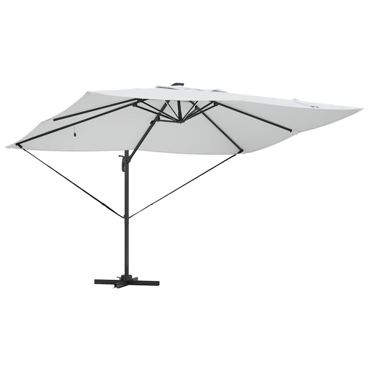 Un ombrellone da patio bianco e quadrato. Ha struttura e base nere. L'ombrellone è aperto su sfondo bianco.
