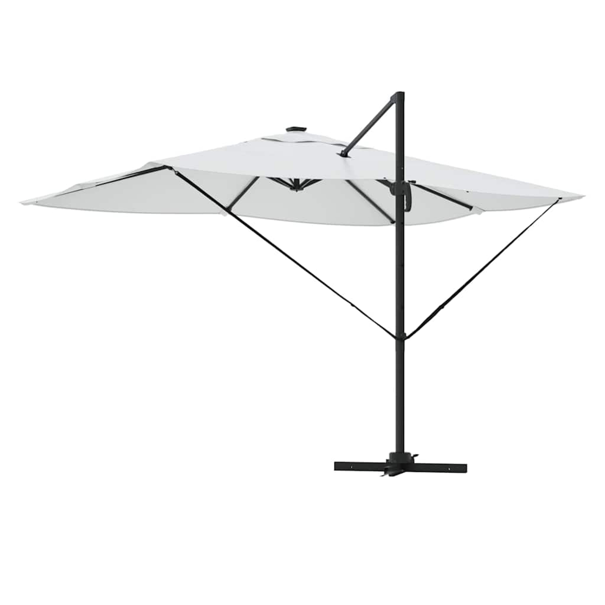 Un ombrellone bianco con struttura nera. È aperto, proietta un'ombra. Lo sfondo è bianco.