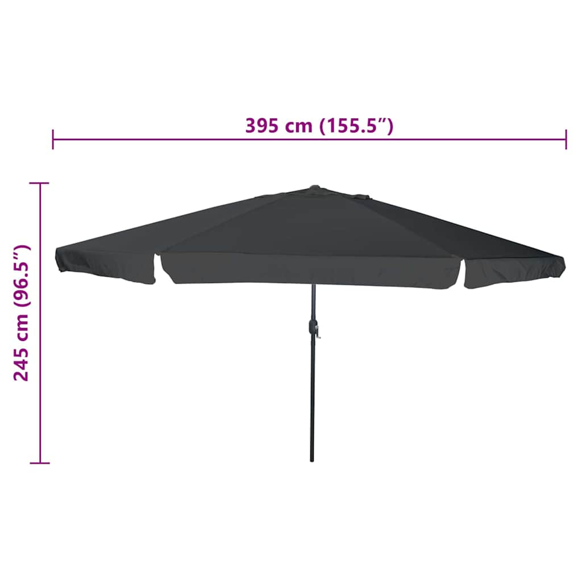 Un ombrellone grigio scuro è aperto. Le dimensioni sono: 395 cm (155,5") di larghezza, 245 cm (96,5") di altezza, su sfondo bianco.