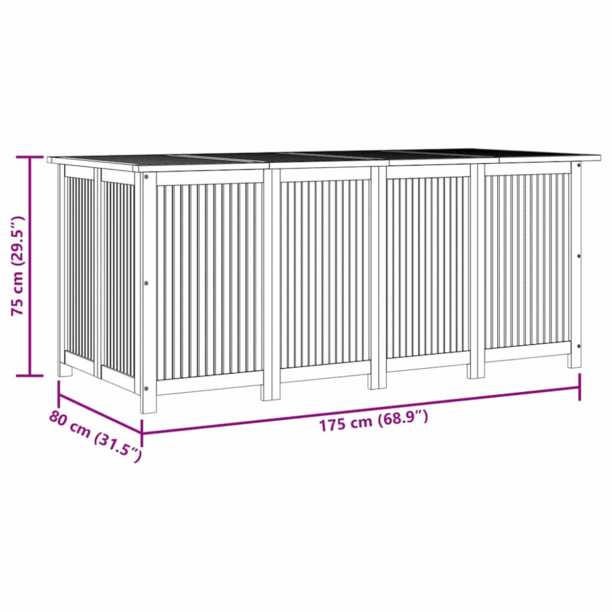 Holz-Outdoor-Aufbewahrungsbox mit Lamellendesign. Abmessungen: 75 cm hoch, 80 cm breit und 175 cm lang.