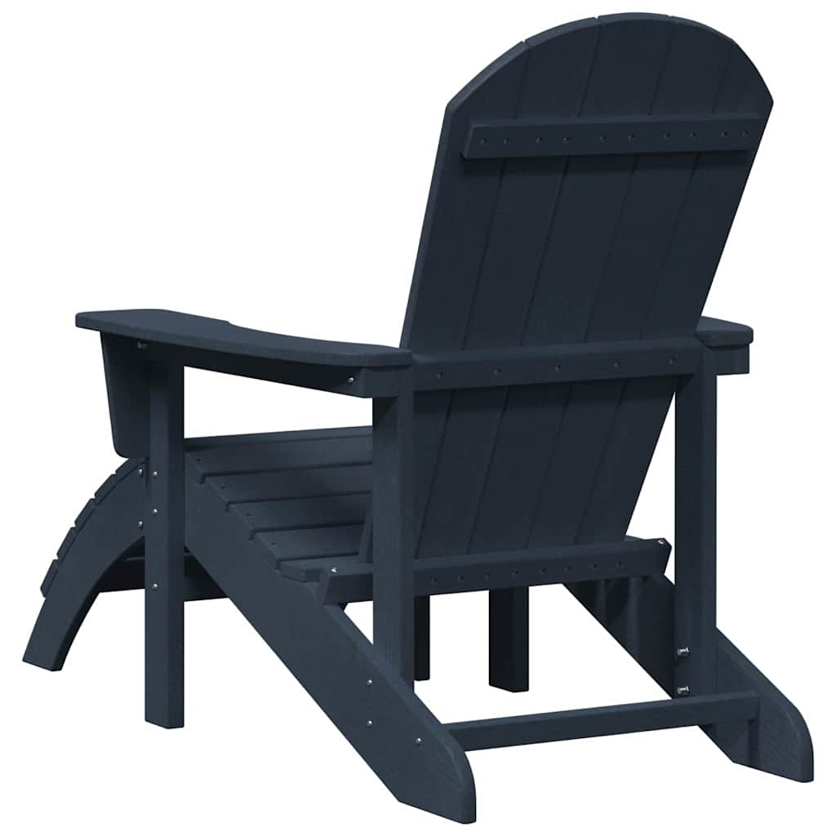 Ein dunkelblauer Adirondack-Stuhl wird von hinten und von der Seite gezeigt. Er besteht aus Holzplanken mit gebogener Rückenlehne und Armlehnen.