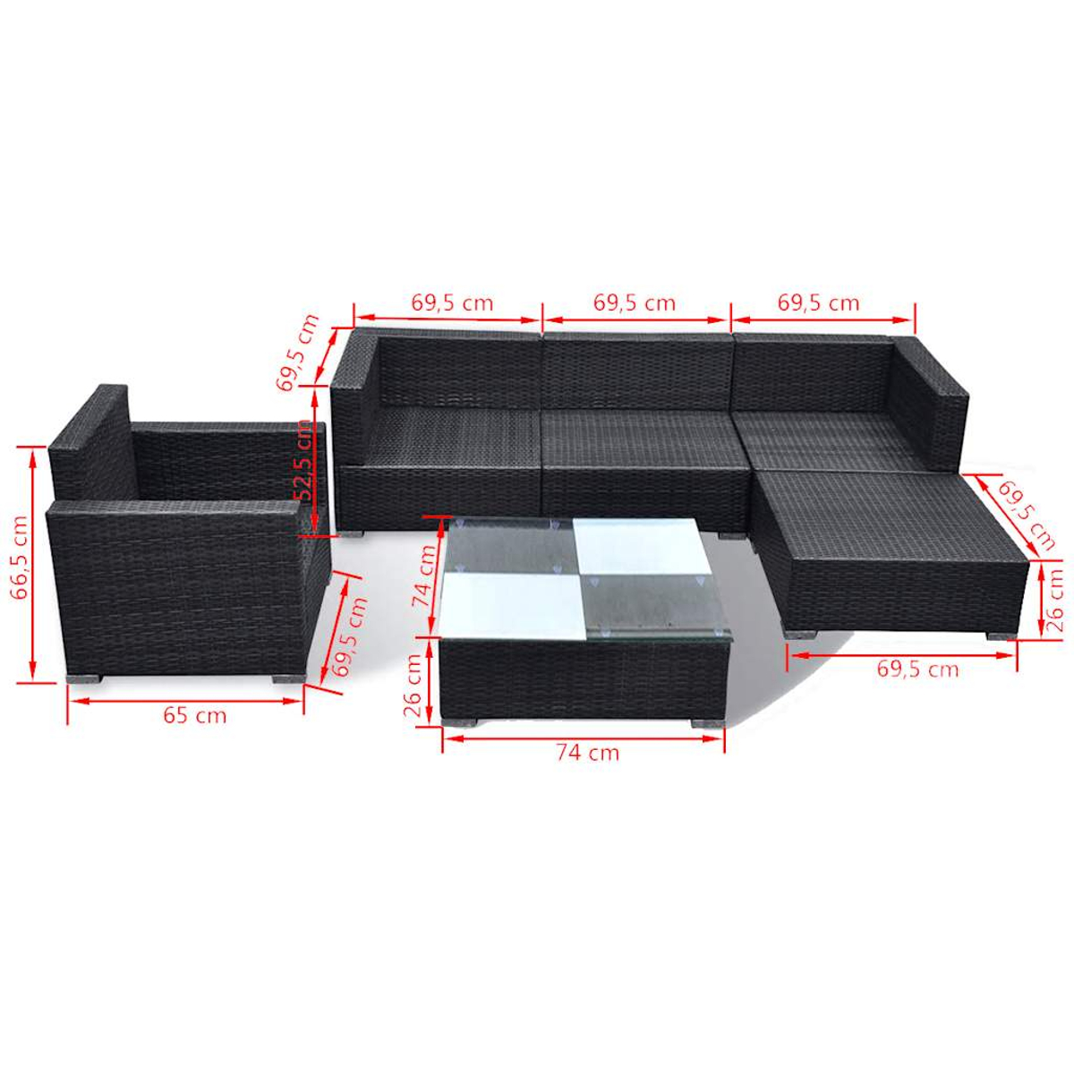 Schwarzes Outdoor-Möbelset aus Rattan. Enthält ein Sofa, einen Sessel und einen Couchtisch. Maße sind angegeben.