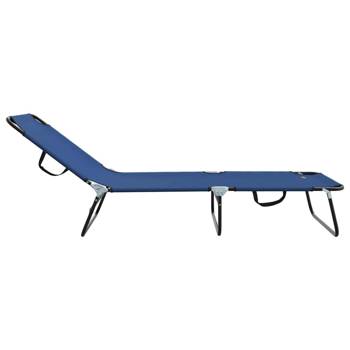 Ein blaues Klappbett auf weißem Hintergrund. Das Bett ist angewinkelt, der Kopf erhöht. Schwarze Griffe und Beine stützen es.