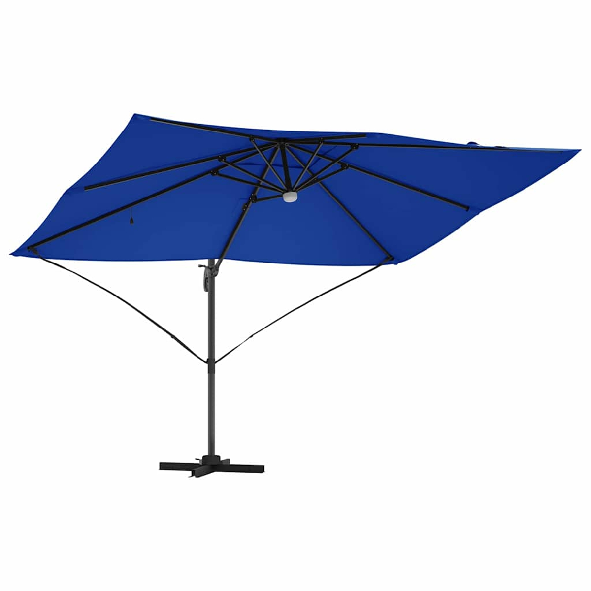Un ombrellone quadrato blu con struttura nera è aperto. Lo sfondo è bianco.