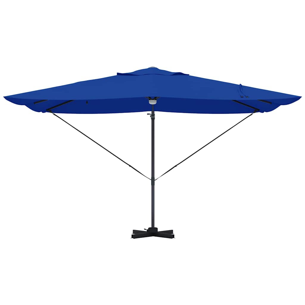 Un ombrellone blu. La capottina è quadrata. Ha un palo e una base neri. Lo sfondo è bianco.