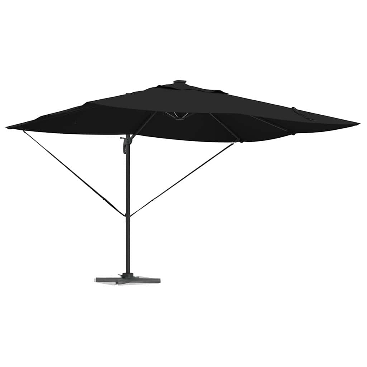 Un ombrellone nero è aperto. Ha un palo centrale e bracci di supporto. Lo sfondo è bianco.