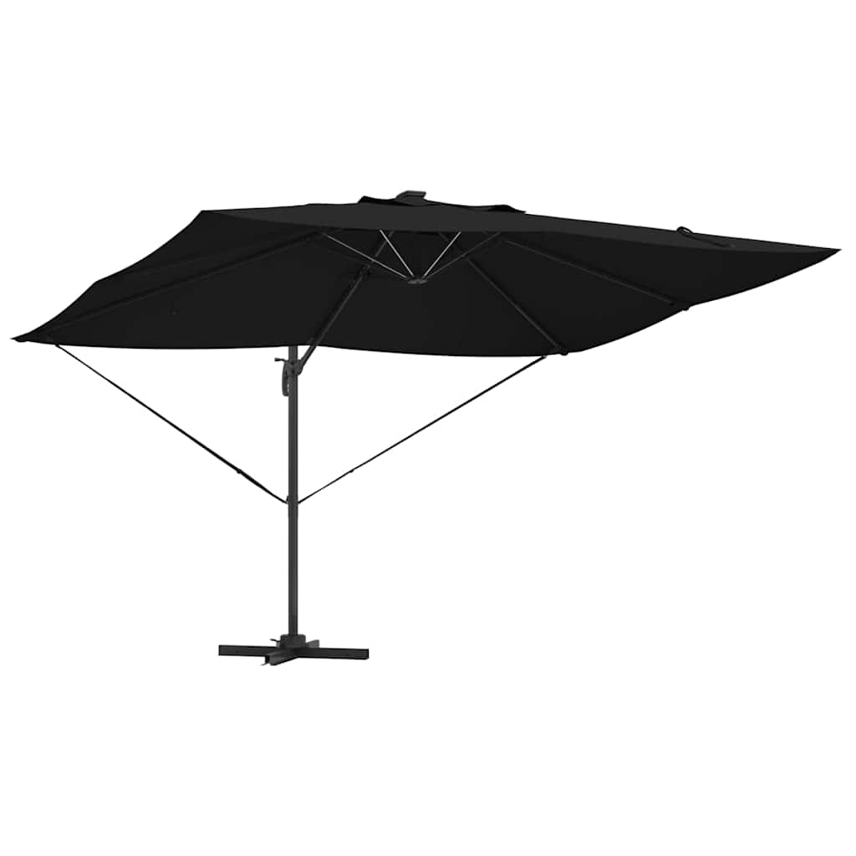 Un ombrellone quadrato nero da patio, aperto. Ha un palo centrale e stecche di supporto. La base è nera e a forma di croce.
