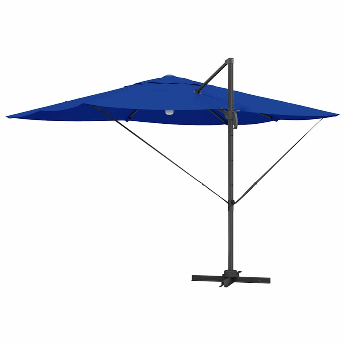 Un ombrellone blu con telaio nero su sfondo bianco. L'ombrellone è aperto, di forma quadrata.