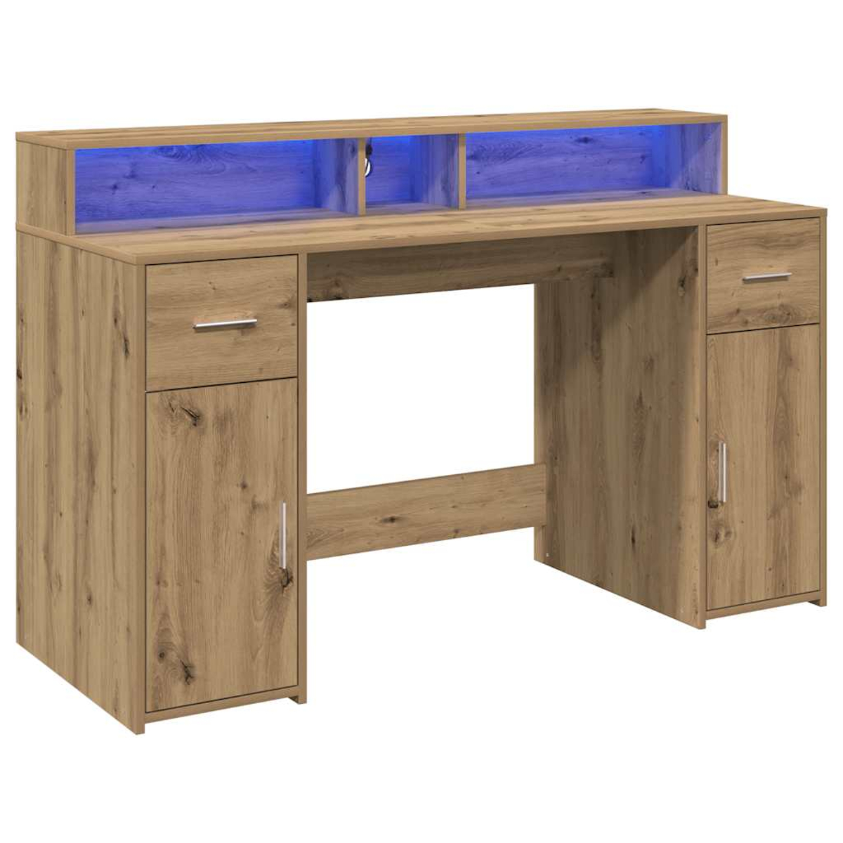 Ein Computertisch aus Holz mit Schubladen und Schränken. Die Oberseite hat blaue LED-Beleuchtung.
