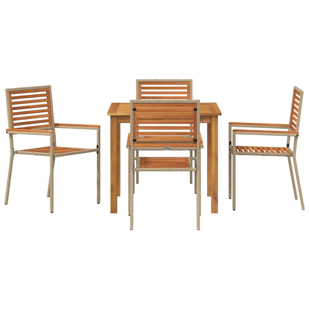 Ein Holztisch und vier Stühle. Die Stühle haben Holzlatten und Metallrahmen. Der Tisch ist quadratisch und ebenfalls aus Holz.