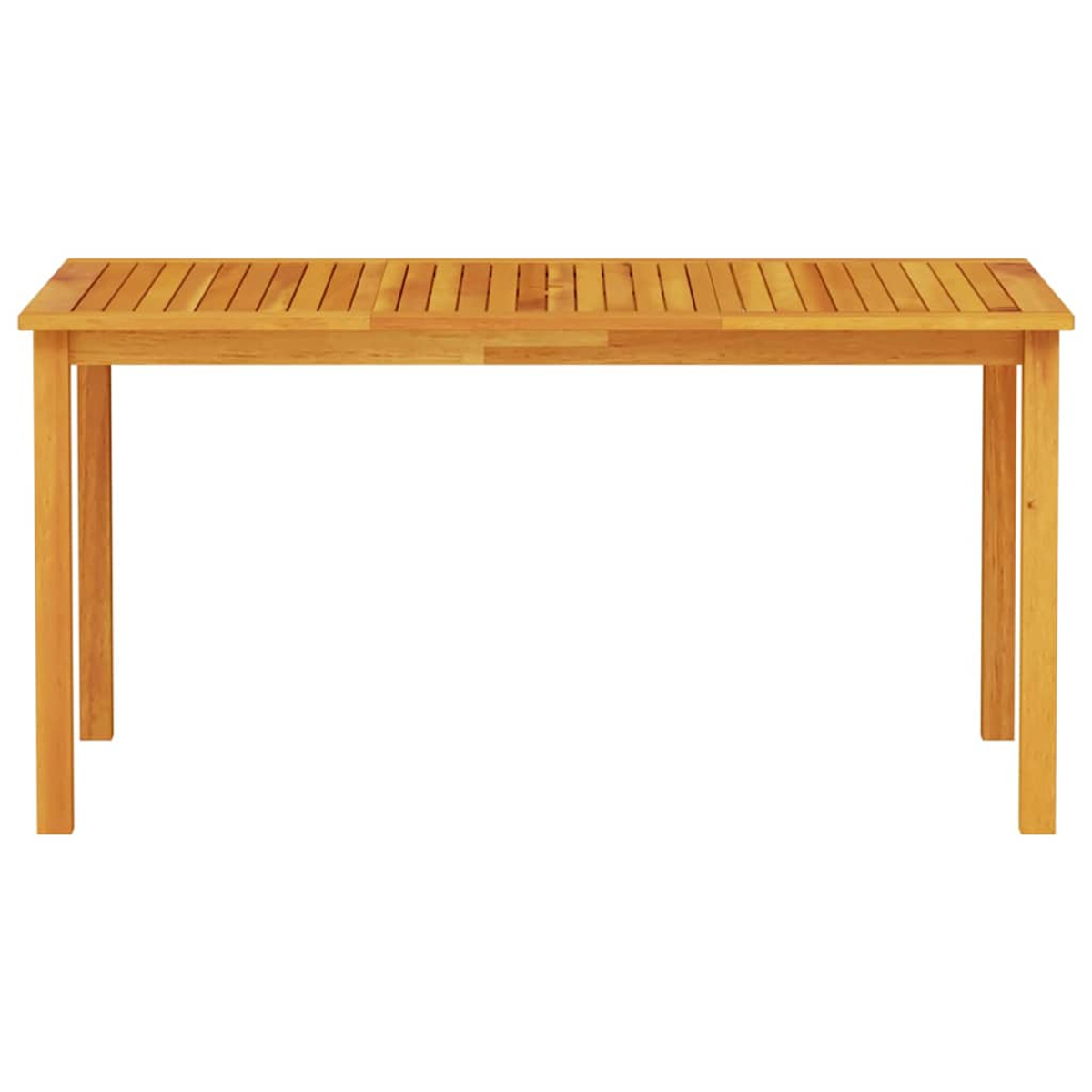 Ein rechteckiger Holztisch mit Lattenrost und vier Beinen, vor weißem Hintergrund.