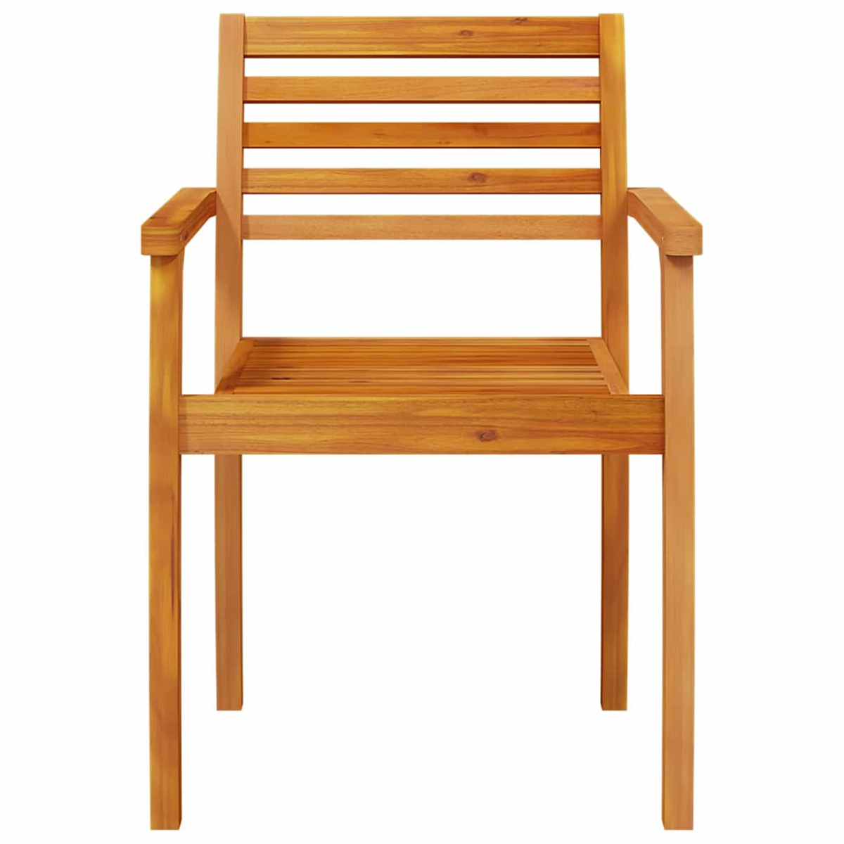 Ein Holzstuhl mit Armlehnen. Der Stuhl hat eine Lattenlehne und -sitz. Er besteht aus hellbraunem Holz und steht auf weißem Hintergrund.