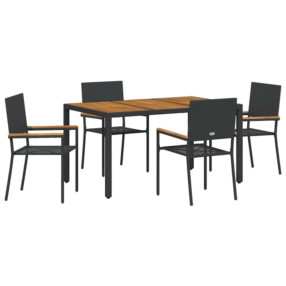 Ein rechteckiger Holztisch mit vier schwarzen Stühlen. Der Tisch hat eine Holzplatte und schwarze Beine. Die Stühle haben Netzsitzflächen.