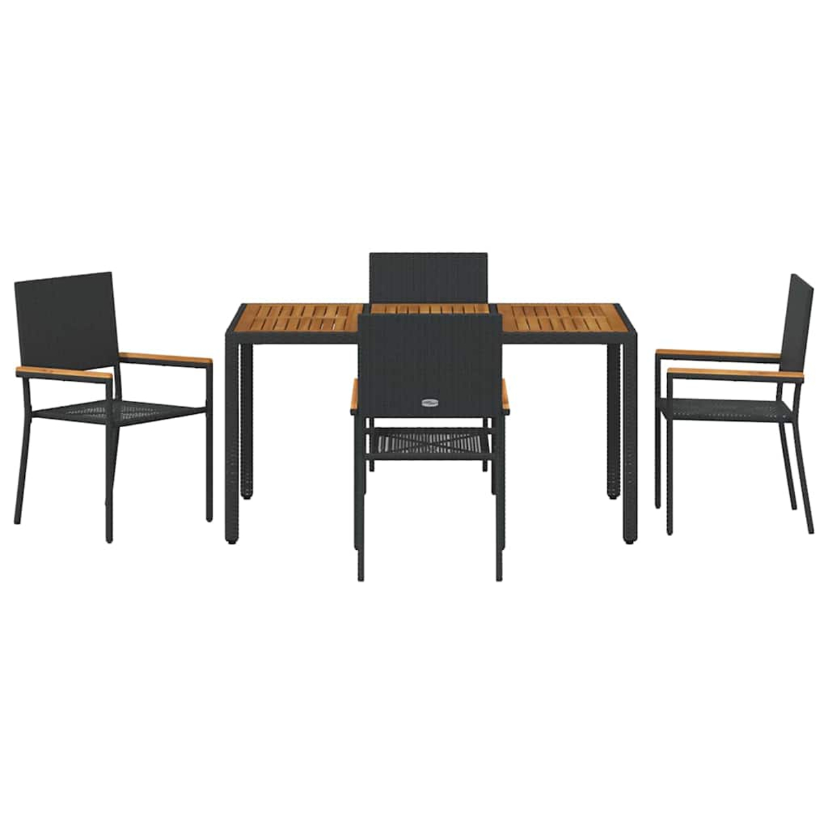 Essgruppe für draußen. Ein Holztisch mit vier schwarzen Stühlen. Die Stühle haben Holzarmlehnen und einen gewebten Sitz.