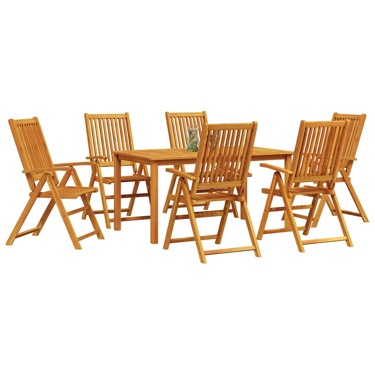 Essgruppe aus Holz für den Außenbereich. Ein rechteckiger Tisch ist von sechs Klappstühlen umgeben, alle aus hellbraunem Holz.