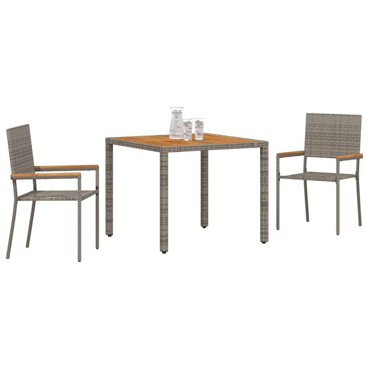 Ein quadratischer Tisch mit zwei Stühlen und ein Krug mit zwei Gläsern steht auf dem Tisch. Alles vor weißem Hintergrund.