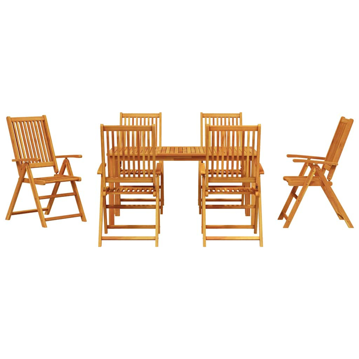 Holz-Essgruppe für draußen: Tisch und Stühle. Zwei Stühle auf jeder Tischseite, zwei Einzelstühle an den Seiten. Alles braun.