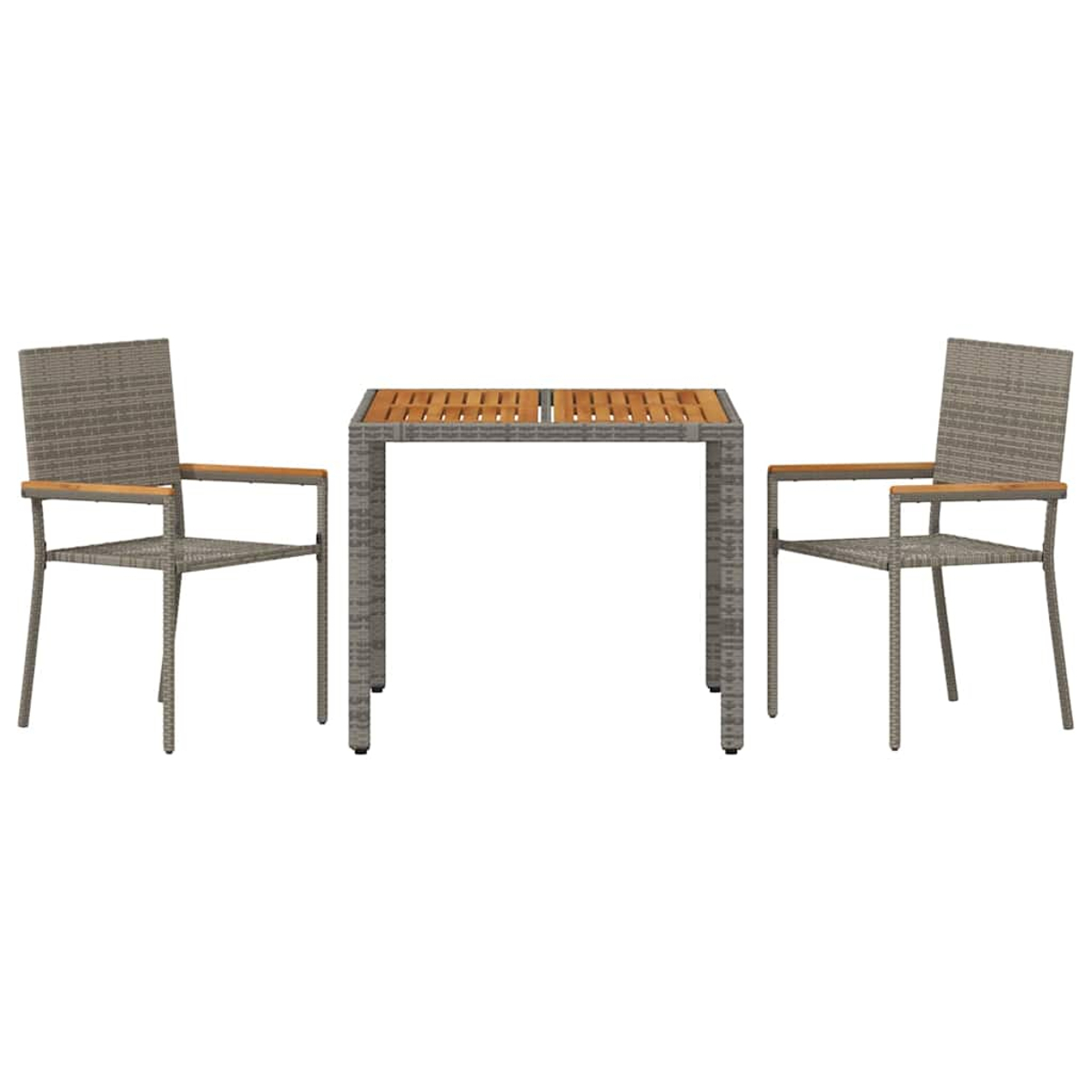 Ein Tisch mit zwei Stühlen. Der Tisch hat eine Holzplatte und einen grauen Rahmen. Die Stühle sind aus grauem Korbgeflecht mit Holzarmlehnen.