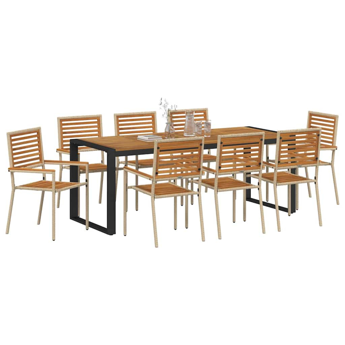 Ein Esszimmerset für den Außenbereich mit einem Holztisch und Stühlen. Das Set umfasst einen rechteckigen Tisch, acht Stühle und Dekorationen.