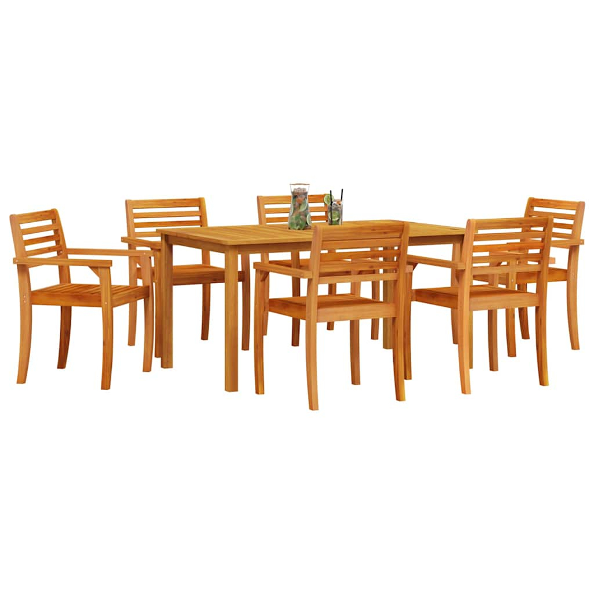 Essgruppe aus Holz im Freien mit rechteckigem Tisch und sechs Stühlen. Zwei Getränke stehen auf dem Tisch. Der Hintergrund ist weiß.