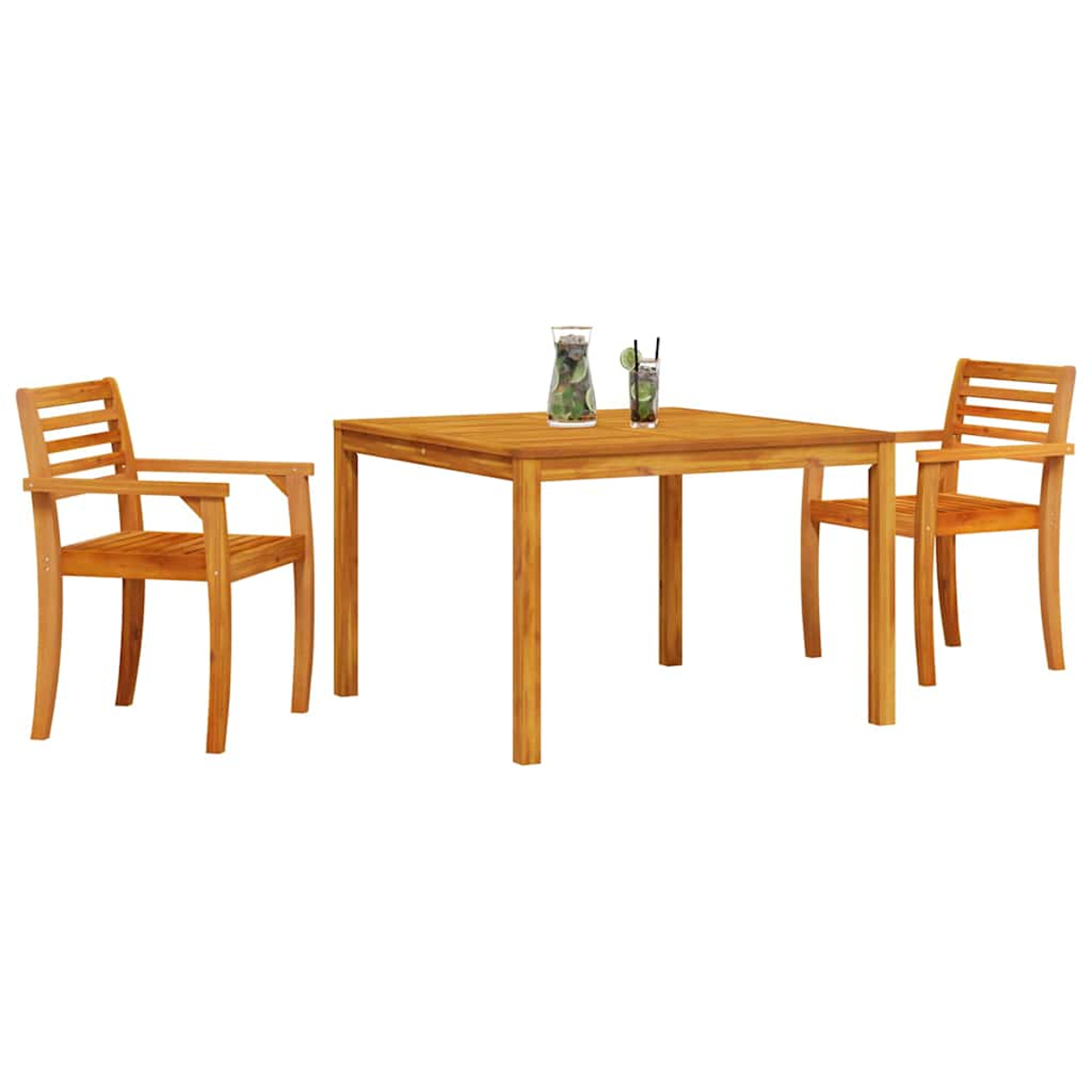 Mesa de madera con dos sillas. Bebidas en la mesa. Todo sobre un fondo blanco.