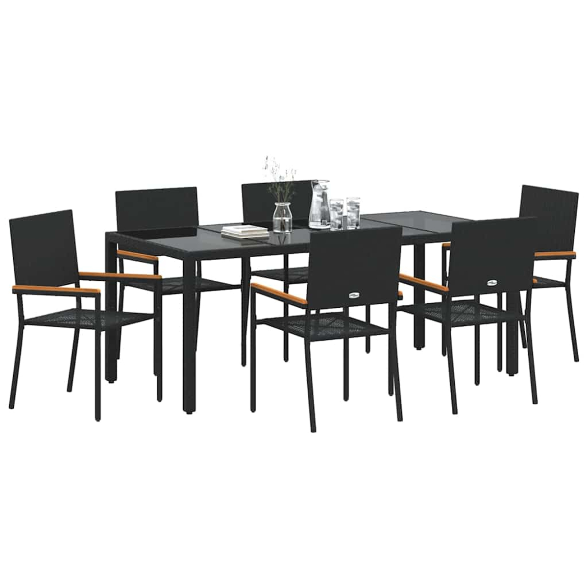 Ein schwarzes Ess-Set für den Außenbereich mit rechteckigem Tisch, sechs Stühlen und einem Glaskrug mit Gläsern.