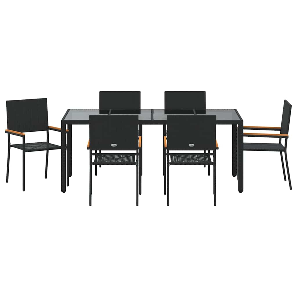 Ein schwarzer Tisch mit Glasplatte, umgeben von sechs schwarzen Stühlen. Die Stühle haben Holzarmlehnen.