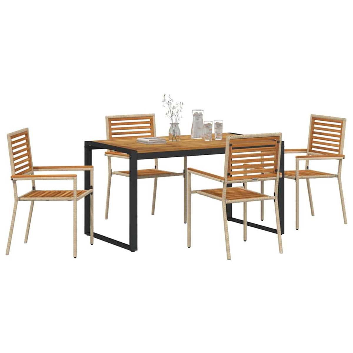 Una mesa de comedor con cuatro sillas. La mesa tiene estructura negra y tapa de madera. Las sillas tienen listones de madera y estructura beige. Hay vasos con agua.
