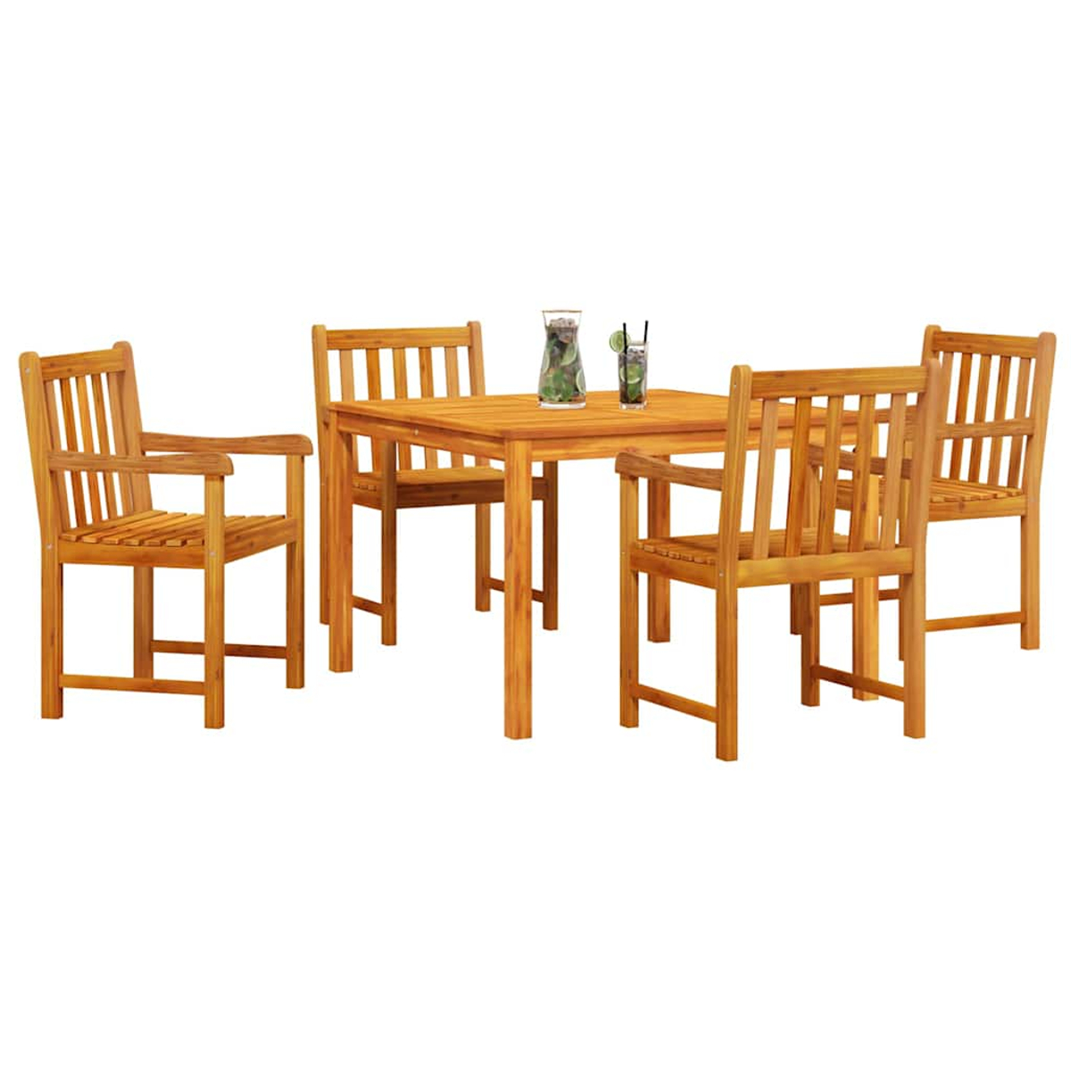 Holz-Essgruppe im Freien: quadratischer Tisch, vier Stühle, Getränke auf dem Tisch. Stühle sind Latten, Tisch und Stühle sind hellbraun.