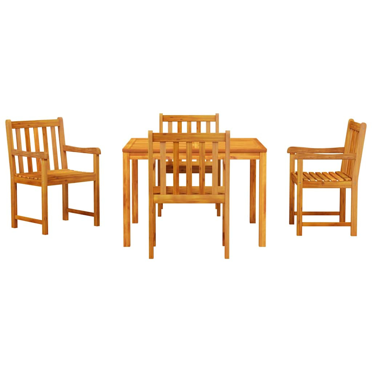 Vier Holzstühle und ein Tisch sind auf weißem Hintergrund angeordnet. Die Stühle haben Armlehnen und Rücken, und der Tisch ist quadratisch.