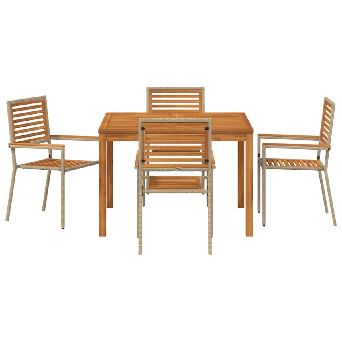 Ein Holztisch mit vier passenden Stühlen. Die Stühle haben Lattenrücken und Armlehnen. Die Szene ist vor weißem Hintergrund.
