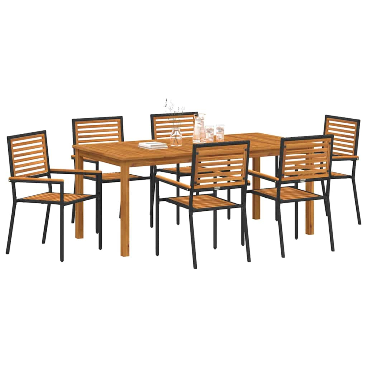 Ein hölzernes Ess-Set für den Außenbereich mit einem rechteckigen Tisch und sechs Stühlen. Die Stühle haben schwarze Metallrahmen und Holzlatten.