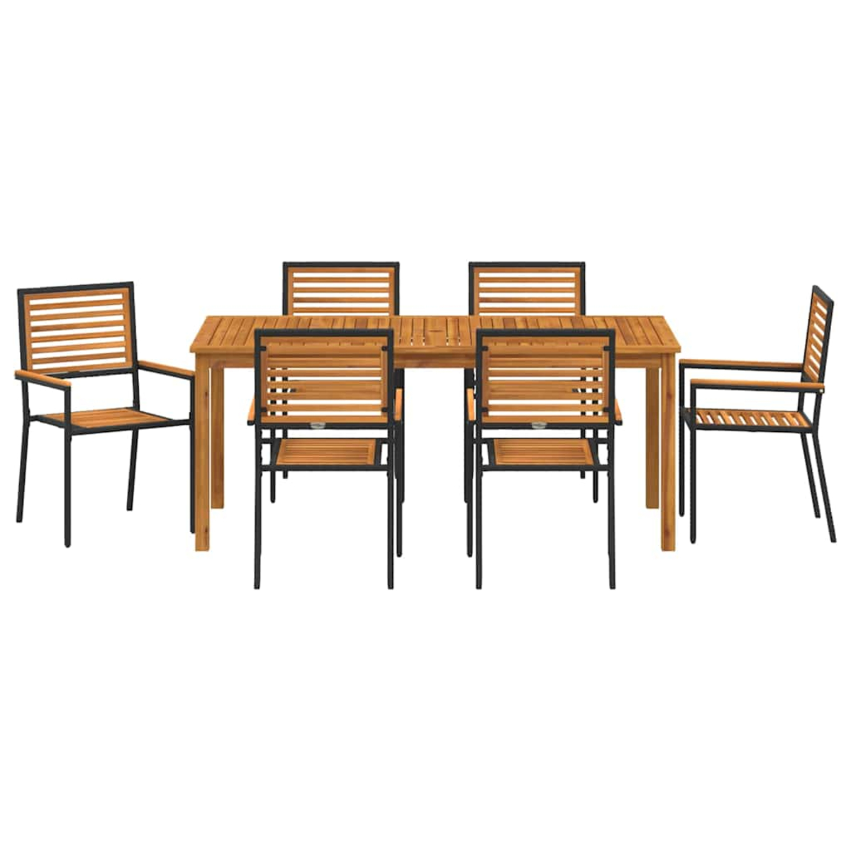 Ein Ess-Set für den Außenbereich aus Holz mit einem rechteckigen Tisch und sechs Stühlen. Die Stühle haben schwarze Rahmen und Holzlatten.