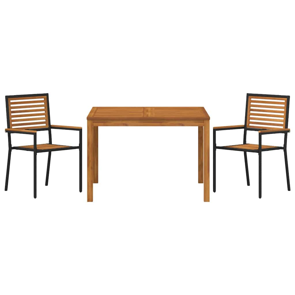 Juego de muebles de exterior. Mesa de madera y dos sillas con marcos negros. Todo sobre fondo blanco.