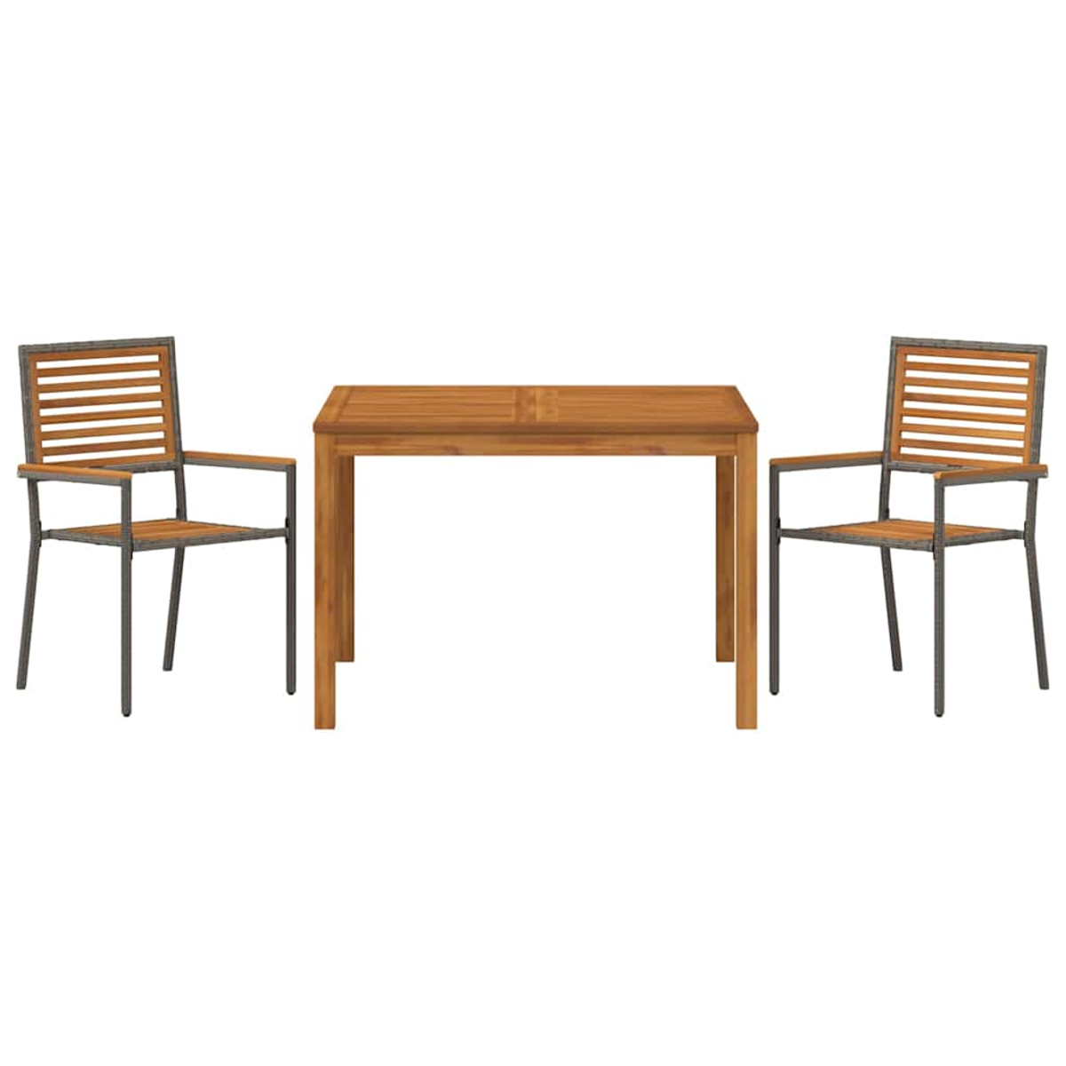 Ein Holztisch und zwei Stühle. Die Stühle haben ein Metallgestell und Holzlatten. Der Tisch ist rechteckig und aus Holz.
