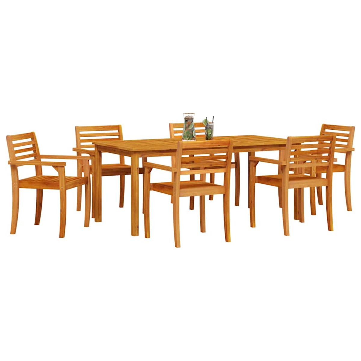 Holz-Essgruppe für den Außenbereich. Ein rechteckiger Tisch mit sechs Stühlen. Getränke auf dem Tisch. Hellbraunes Holz vor weißem Hintergrund.