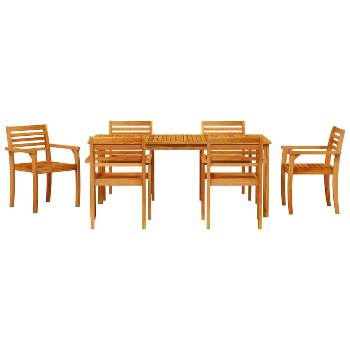 Ein hölzernes Ess-Set für den Außenbereich. Ein rechteckiger Tisch ist von sechs Stühlen umgeben. Alle sind aus hellbraunem Holz gefertigt.