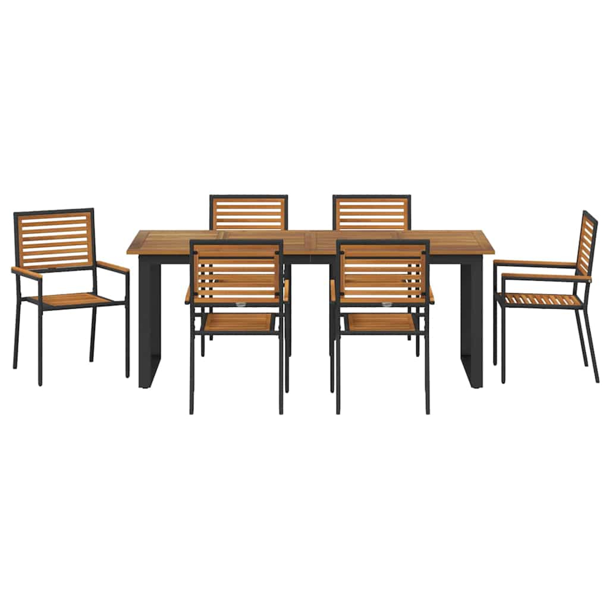 Ein hölzernes Ess-Set für den Außenbereich. Es besteht aus einem rechteckigen Tisch und sechs Stühlen. Der Tisch hat ein dunkles Gestell und eine Holzplatte.