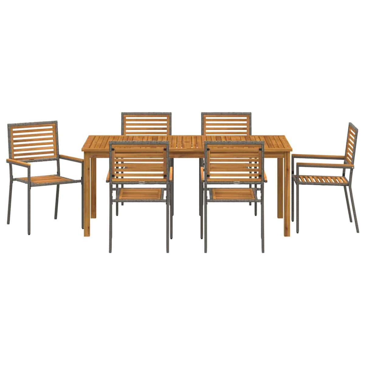 Ein Holztisch ist von sechs passenden Stühlen mit Lamellenrücken und -sitzen umgeben.
