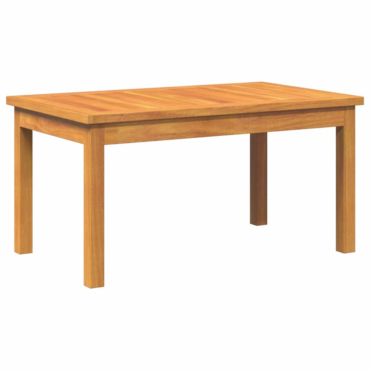 Un tavolo rettangolare in legno, marrone chiaro, con quattro gambe. Il piano mostra dettagli venature del legno. Lo sfondo è bianco.