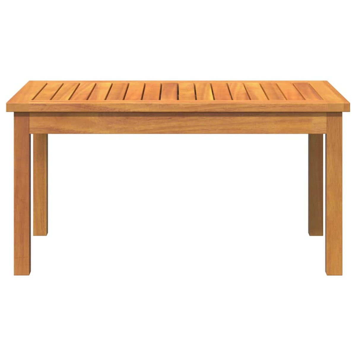 Un tavolo rettangolare in legno con piano a doghe e quattro gambe su sfondo bianco. Il tavolo è di colore legno naturale.